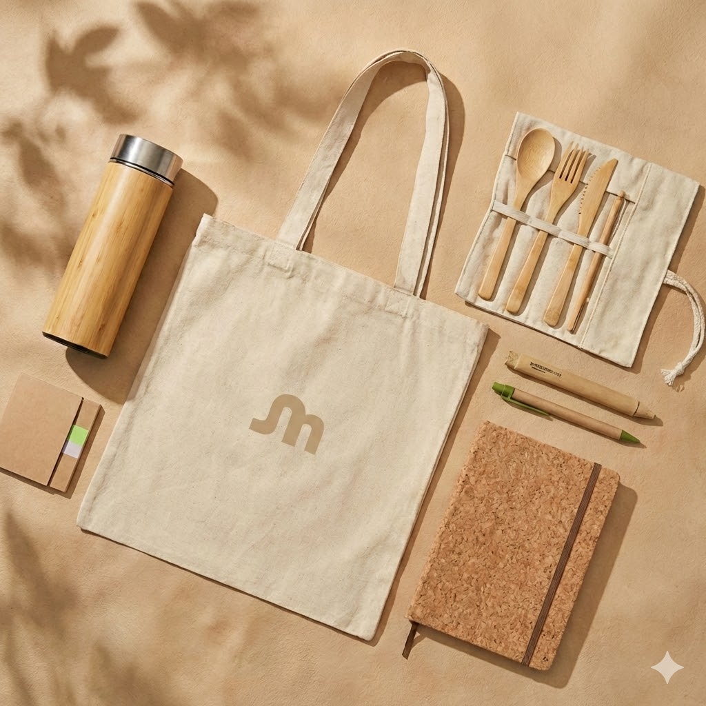 Kit de merchandising eco-friendly para empresas en Chile - Merchi Eco Kit eco sustentable Chile: tote bag algodón con logo Merchi, botella bambú, cubiertos madera
