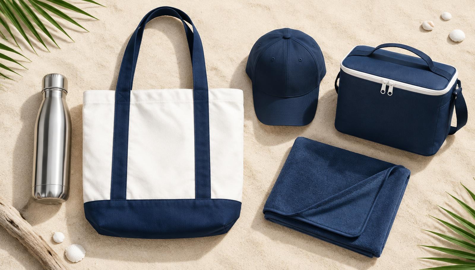 Botella, bolsa, jockey, toalla y cooler corporativos para regalos de verano