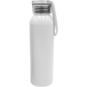 Imagen de una botella sublimable Hey de aluminio blanco con tapa plástica translúcida.